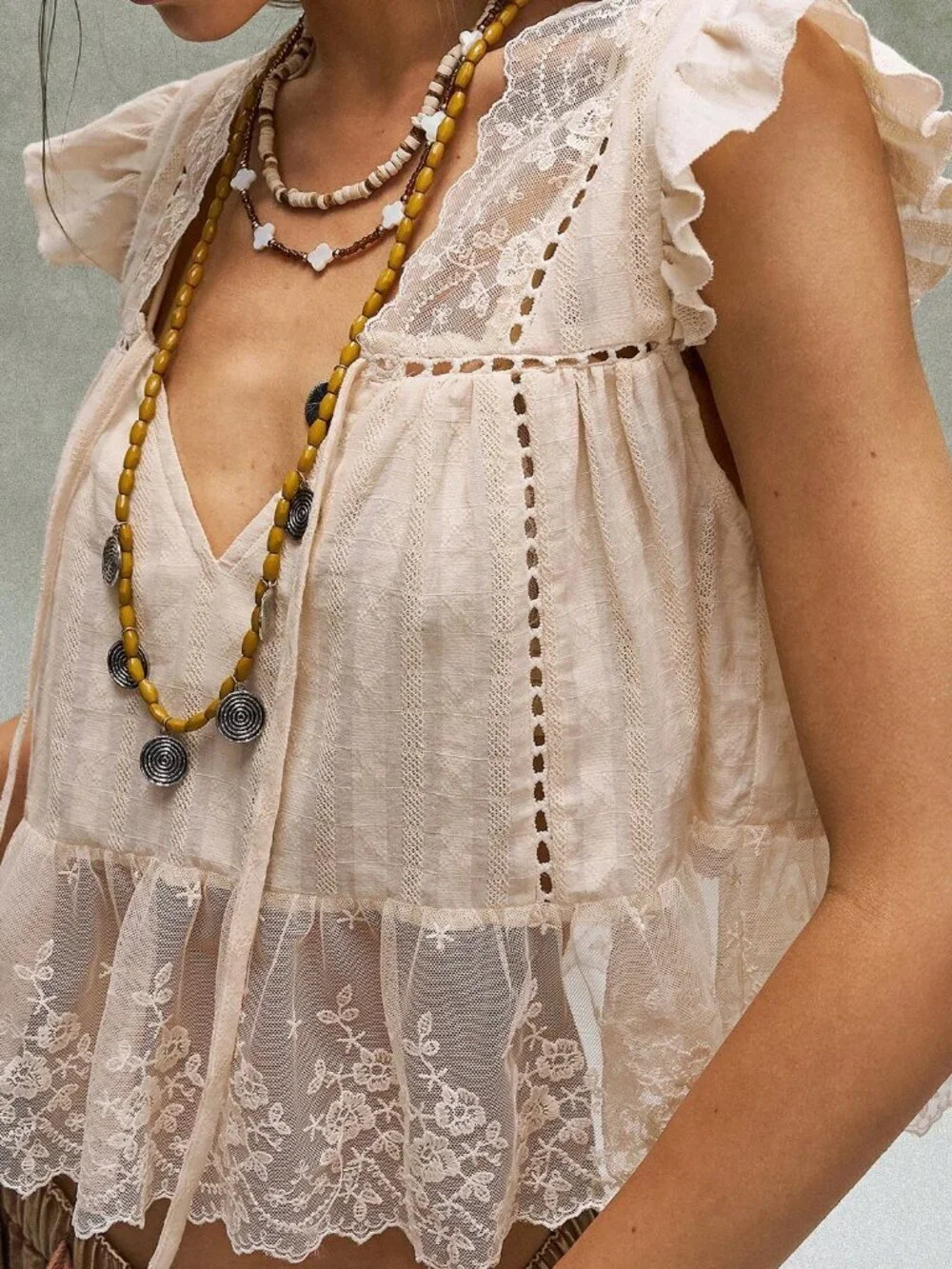 Apricot Casual Women's Vacation V-Neck Front Tie Blouse with Lace Trim